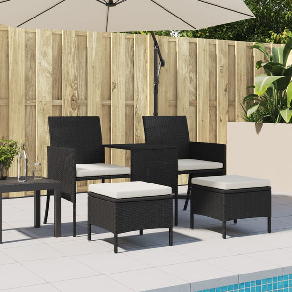 vidaXL 2-Seater Garden Sofa with Table and Stools Black Poly Rattan