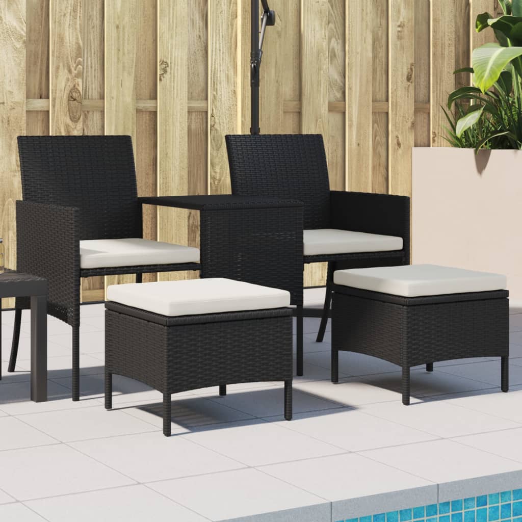 vidaXL 2-Seater Garden Sofa with Table and Stools Black Poly Rattan