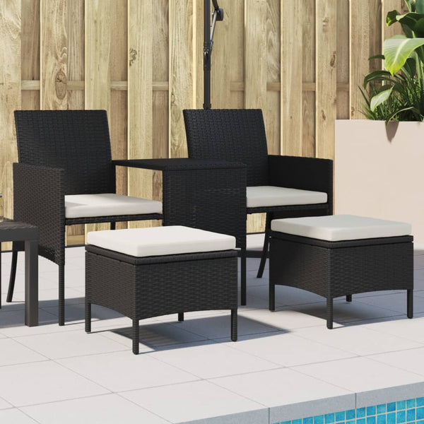 vidaXL 2-Seater Garden Sofa with Table and Stools Black Poly Rattan