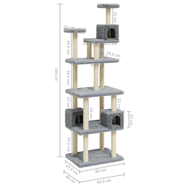 vidaXL Cat Tree with Sisal Scratching Posts Light Grey 188 cm