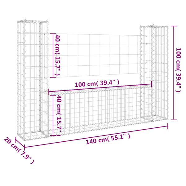 vidaXL U-shaped Gabion Basket with 2 Pillars Iron 140x20x100 cm