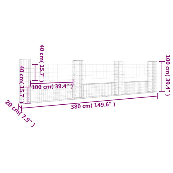 vidaXL U-Shaped Gabion Basket with 4 Posts Iron 380x20x100 cm