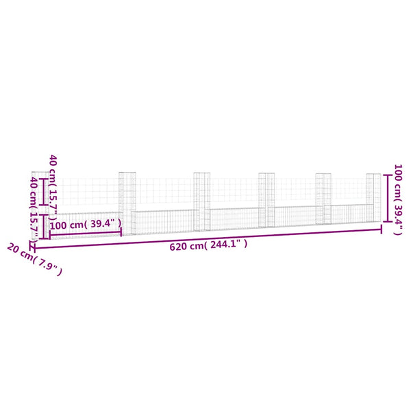 vidaXL U-shaped Gabion Basket with 6 Posts Iron 620x20x100 cm