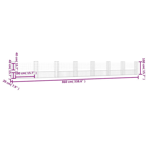 vidaXL U-shaped Gabion Basket with 8 Posts Iron 860x20x100 cm