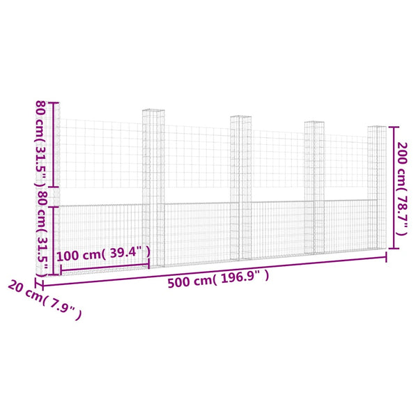 vidaXL U-Shaped Gabion Basket with 5 Posts Iron 500x20x200 cm