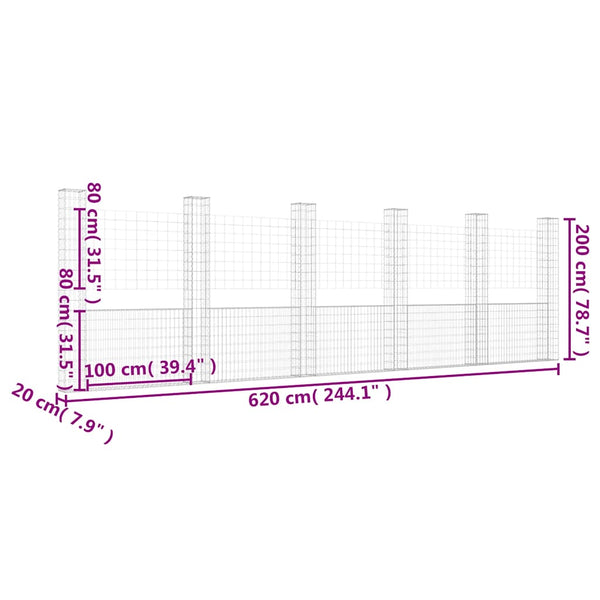 vidaXL U-Shaped Gabion Basket with 6 Pillars Iron 620x20x200 cm