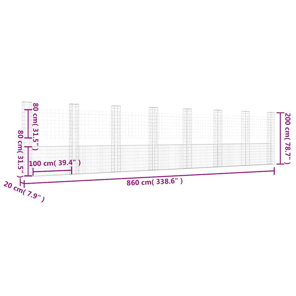 vidaXL U-Shaped Gabion Basket with 8 Posts Iron 860x20x200 cm
