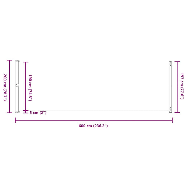 vidaXL Retractable Side Awning 200x600 cm Black