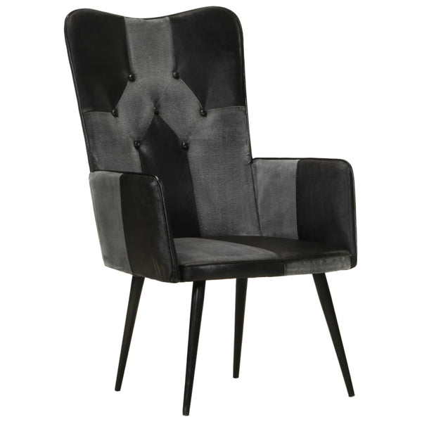 vidaXL Wing Chair Black and Grey Real Leather