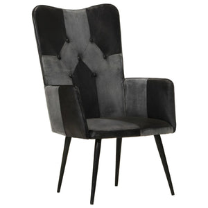 vidaXL Wing Chair Black and Grey Real Leather