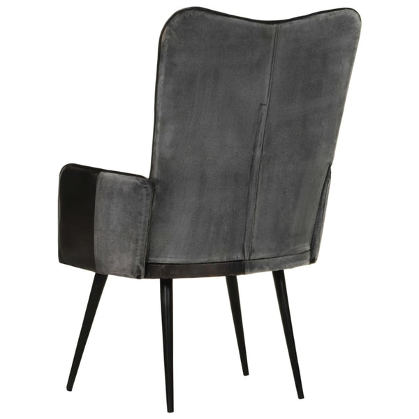 vidaXL Wing Chair Black and Grey Real Leather
