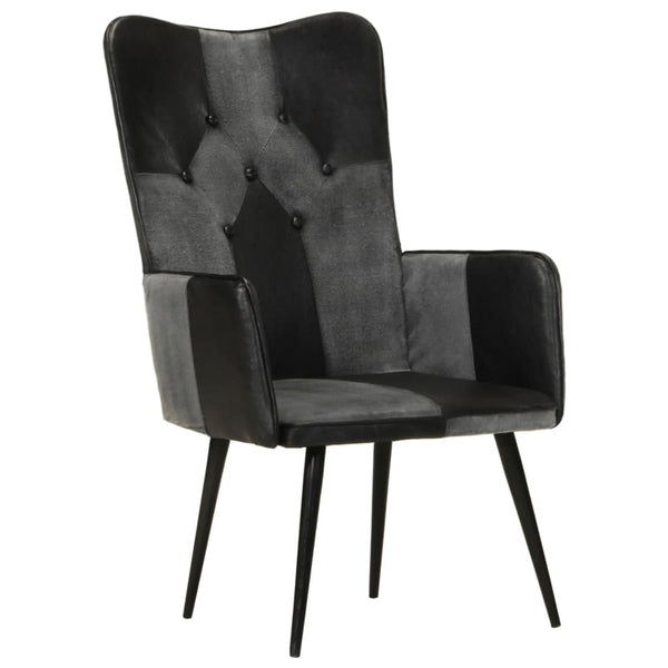 vidaXL Wing Chair Black and Grey Real Leather