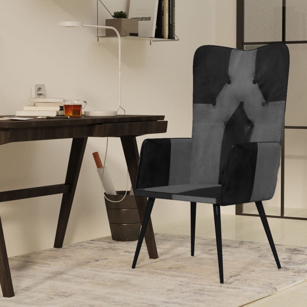 vidaXL Wing Chair Black and Grey Real Leather