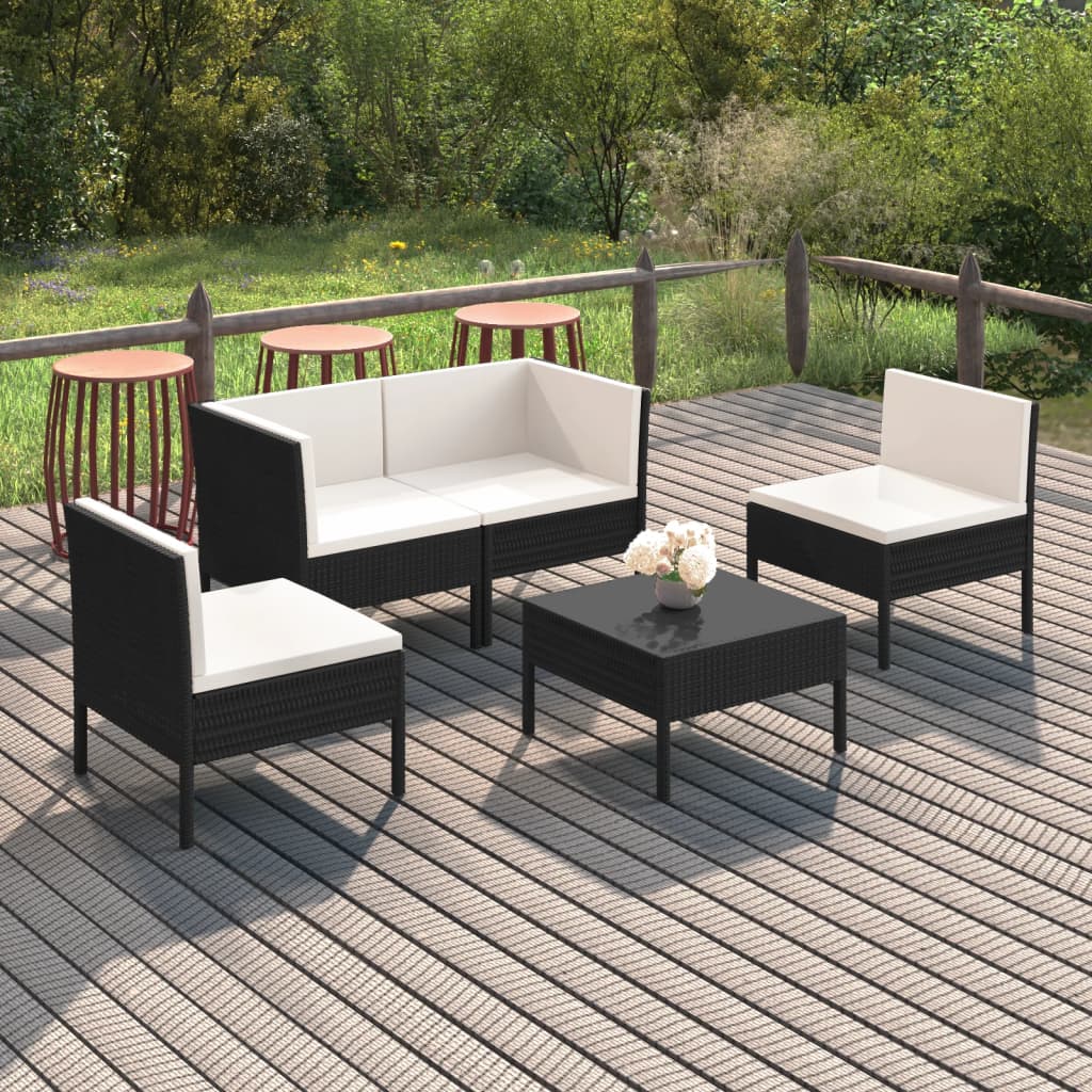 vidaXL 5-Piece Garden Lounge Set with Cushions Poly Rattan Black