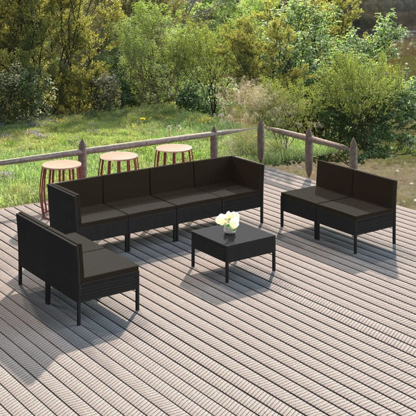 vidaXL 9-piece Garden Lounge Set with Cushions Poly Rattan Black