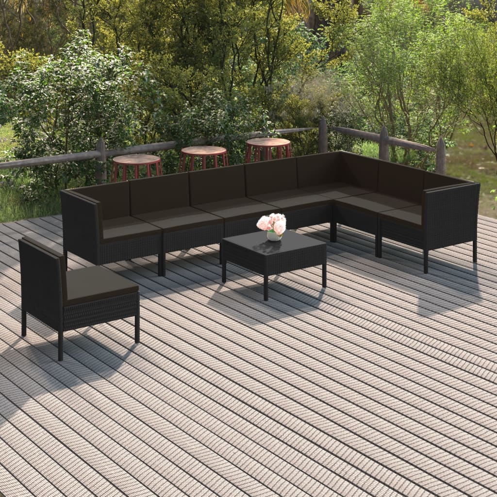 vidaXL 9-piece Garden Lounge Set with Cushions Poly Rattan Black