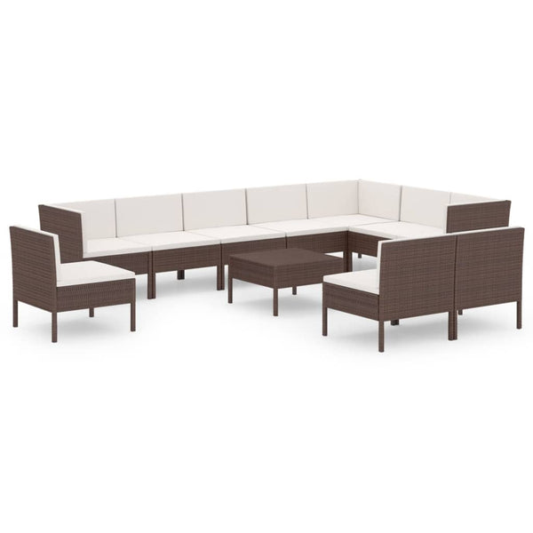 vidaXL 11-pc. Garden Lounge Set with Cushions Poly Rattan Brown