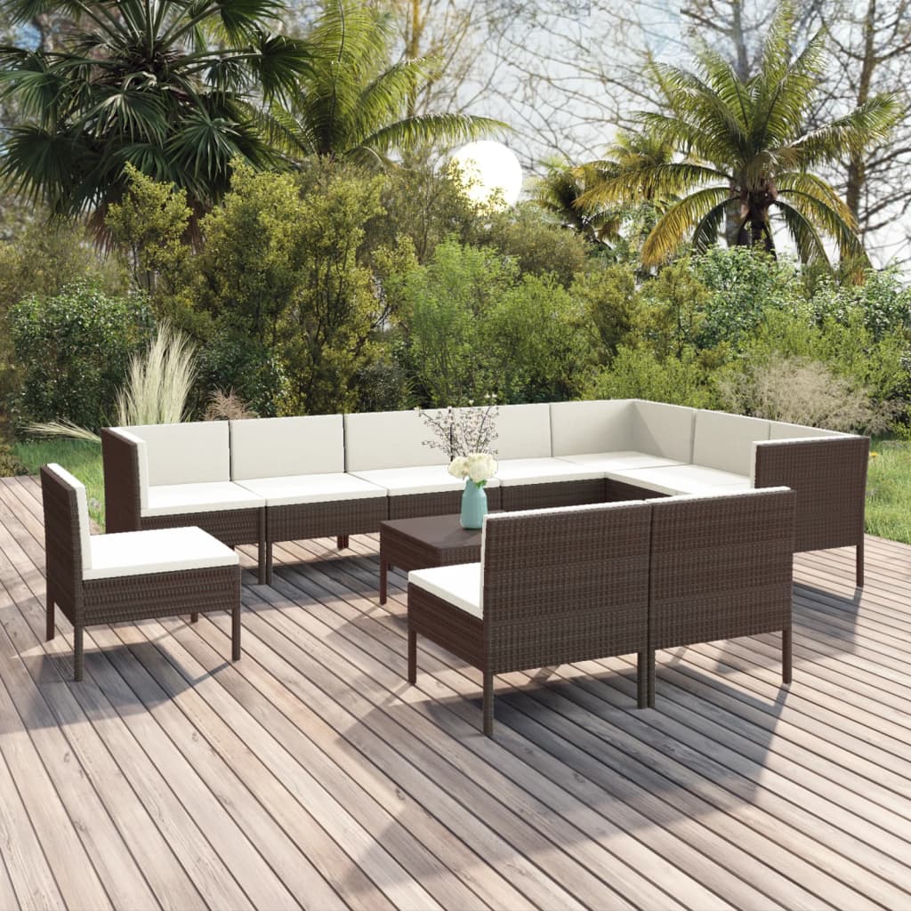 vidaXL 11-pc. Garden Lounge Set with Cushions Poly Rattan Brown