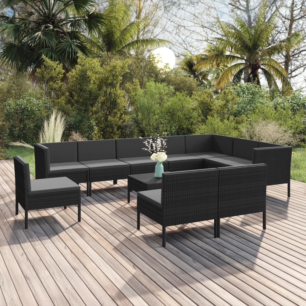 vidaXL 11-Piece Garden Lounge Set with Cushions Poly Rattan Black