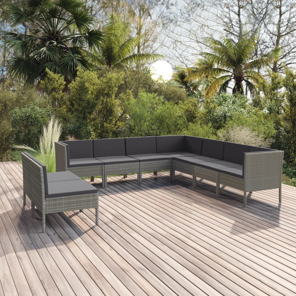 vidaXL 9-piece Garden Lounge Set with Cushions Poly Rattan Grey