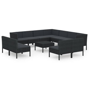 vidaXL 12-Piece Garden Lounge Set with Cushions Poly Rattan Black