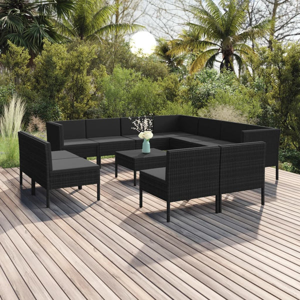 vidaXL 12-Piece Garden Lounge Set with Cushions Poly Rattan Black