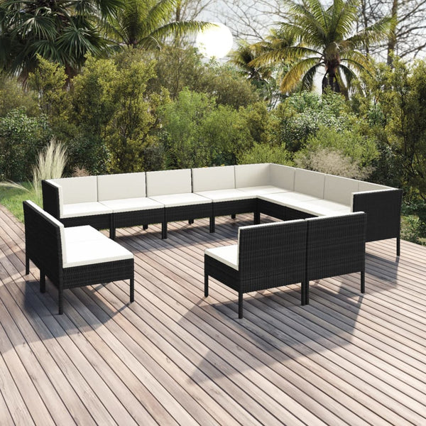 vidaXL 12-Piece Garden Lounge Set with Cushions Poly Rattan Black