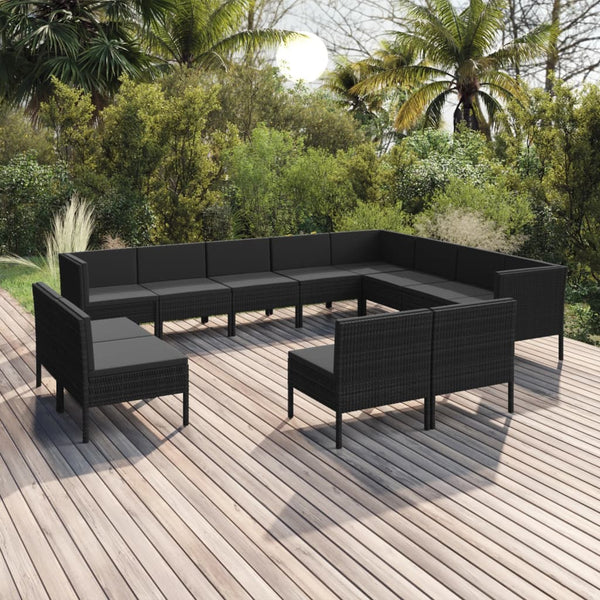 vidaXL 12-Piece Garden Lounge Set with Cushions Poly Rattan Black
