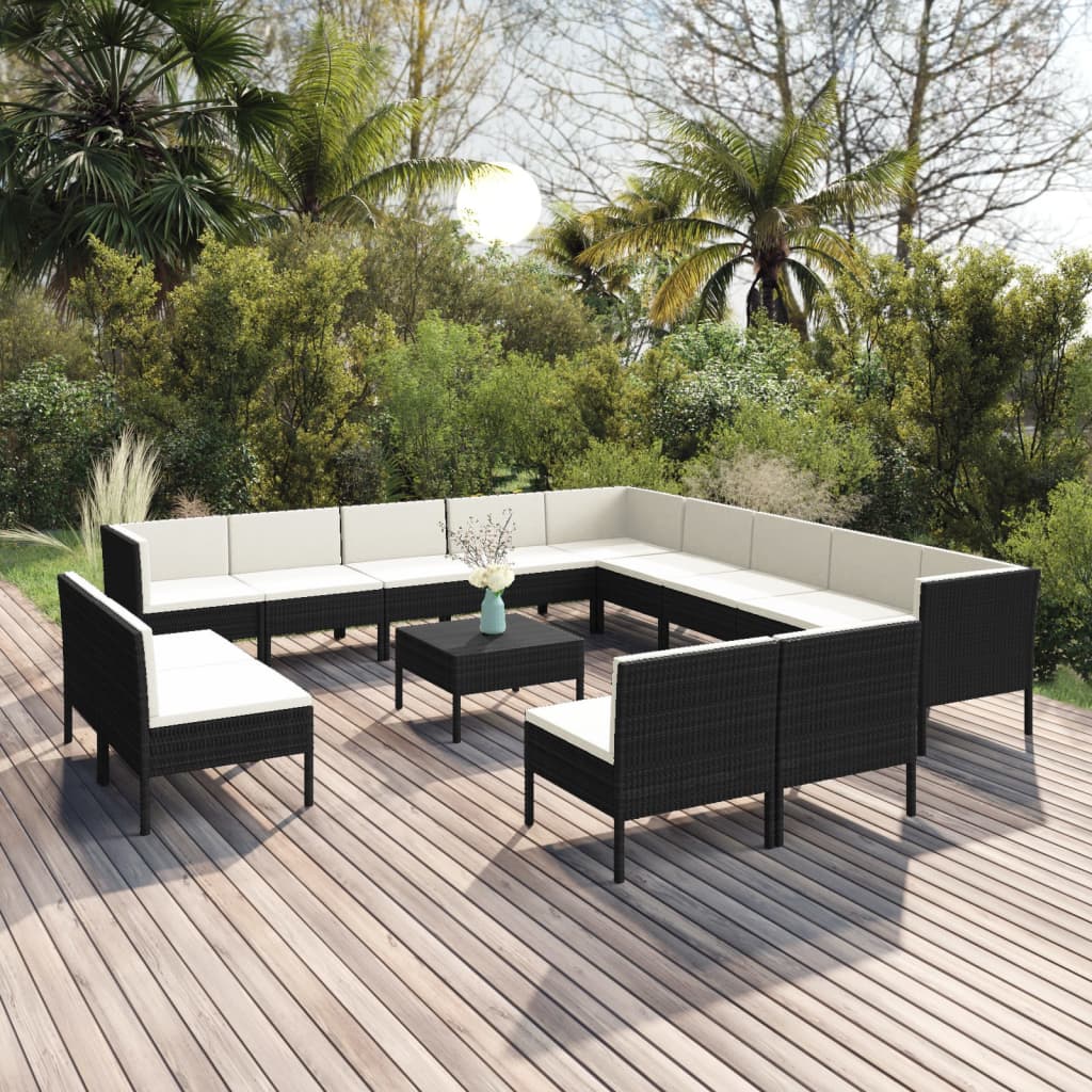 vidaXL 14-piece Garden Lounge Set with Cushions Poly Rattan Black