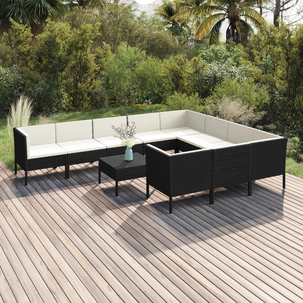 vidaXL 11-Piece Garden Lounge Set with Cushions Poly Rattan Black