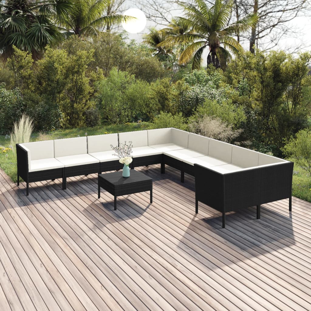 vidaXL 11-Piece Garden Lounge Set with Cushions Poly Rattan Black