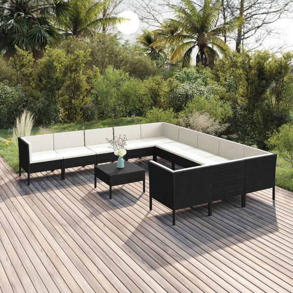 vidaXL 12-Piece Garden Lounge Set with Cushions Poly Rattan Black