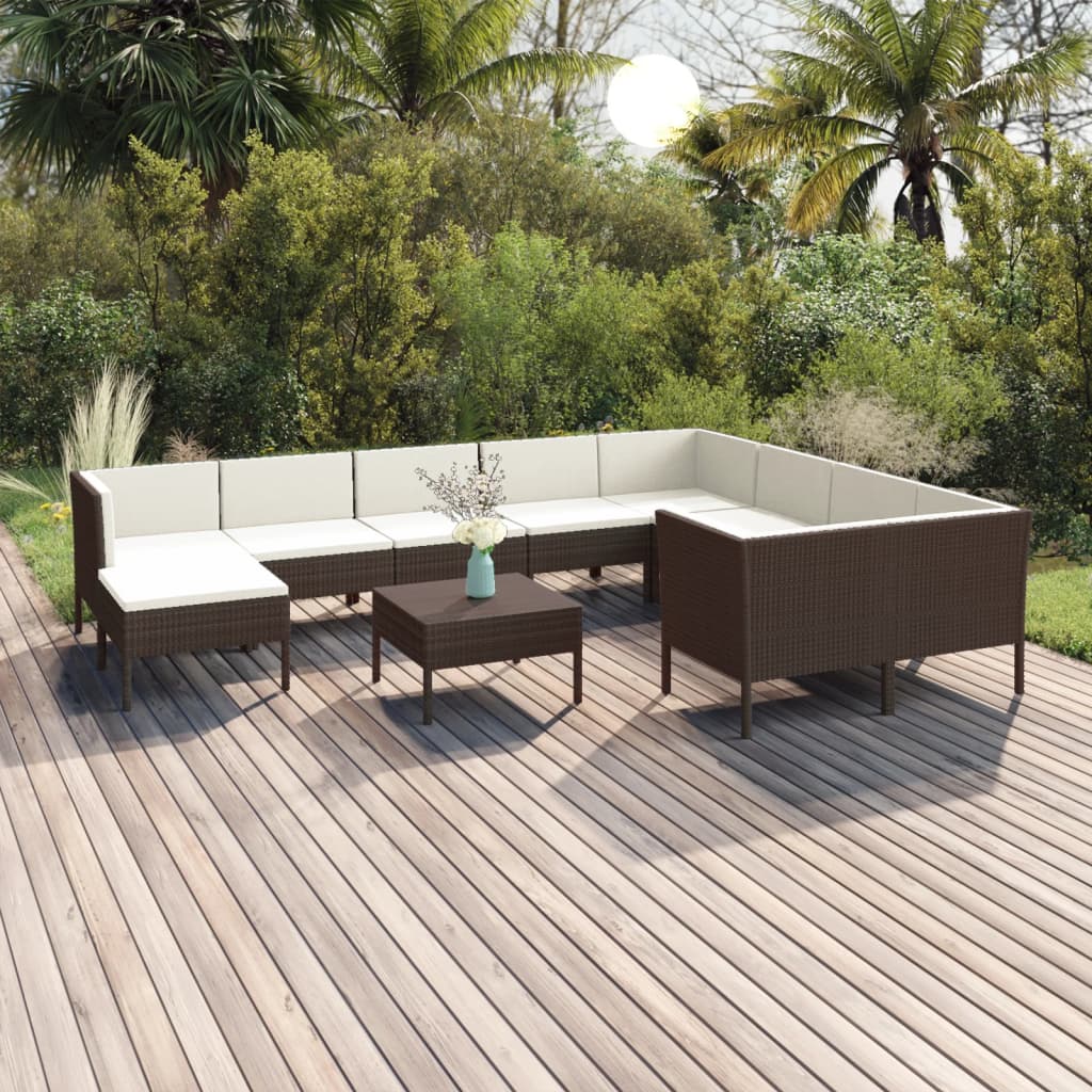 vidaXL 11-pc. Garden Lounge Set with Cushions Poly Rattan Brown