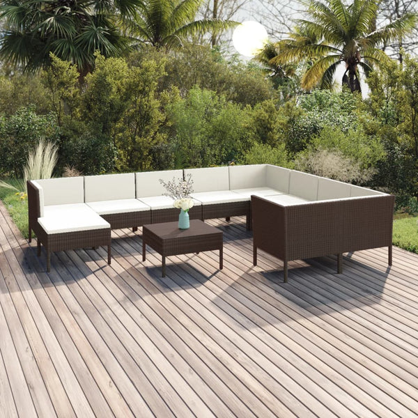 vidaXL 11-pc. Garden Lounge Set with Cushions Poly Rattan Brown