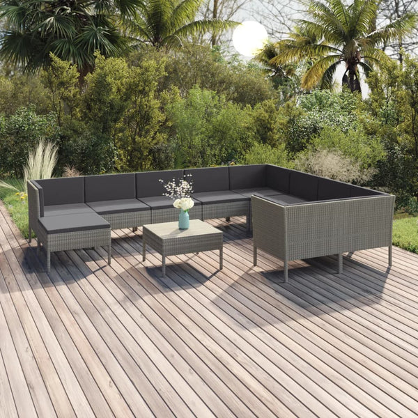 vidaXL 11-pc. Garden Lounge Set with Cushions Poly Rattan Grey