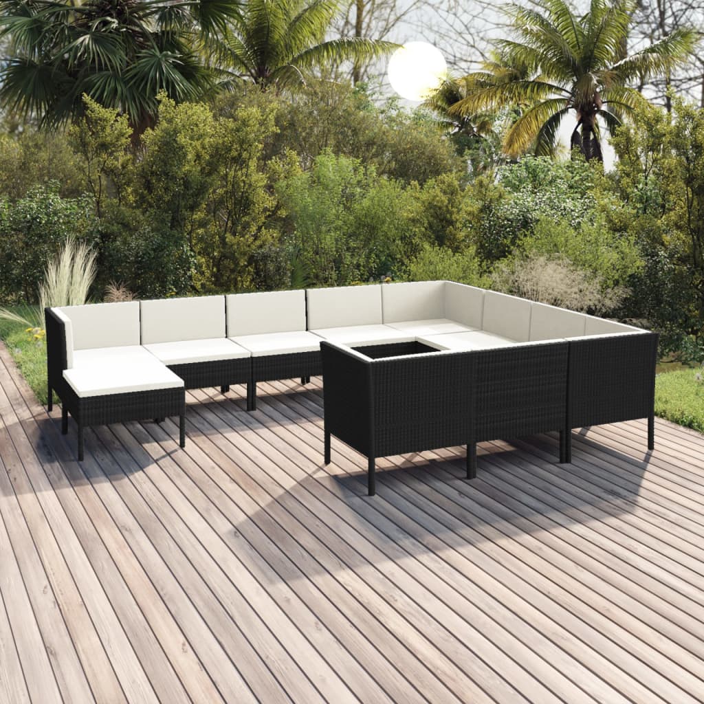 vidaXL 11-Piece Garden Lounge Set with Cushions Poly Rattan Black