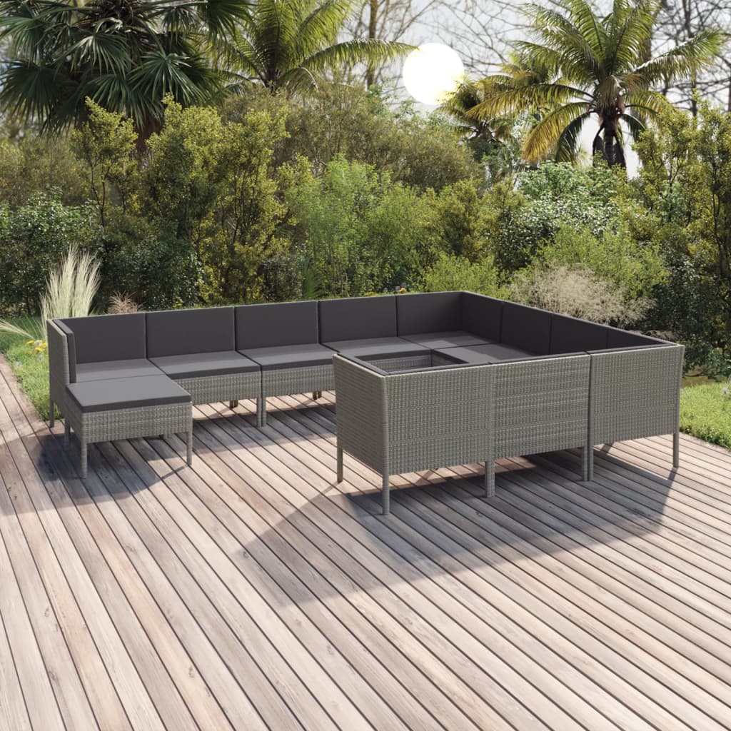 vidaXL 11-pc. Garden Lounge Set with Cushions Poly Rattan Grey