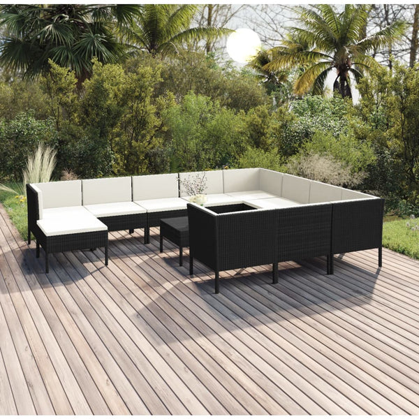 vidaXL 12-Piece Garden Lounge Set with Cushions Poly Rattan Black