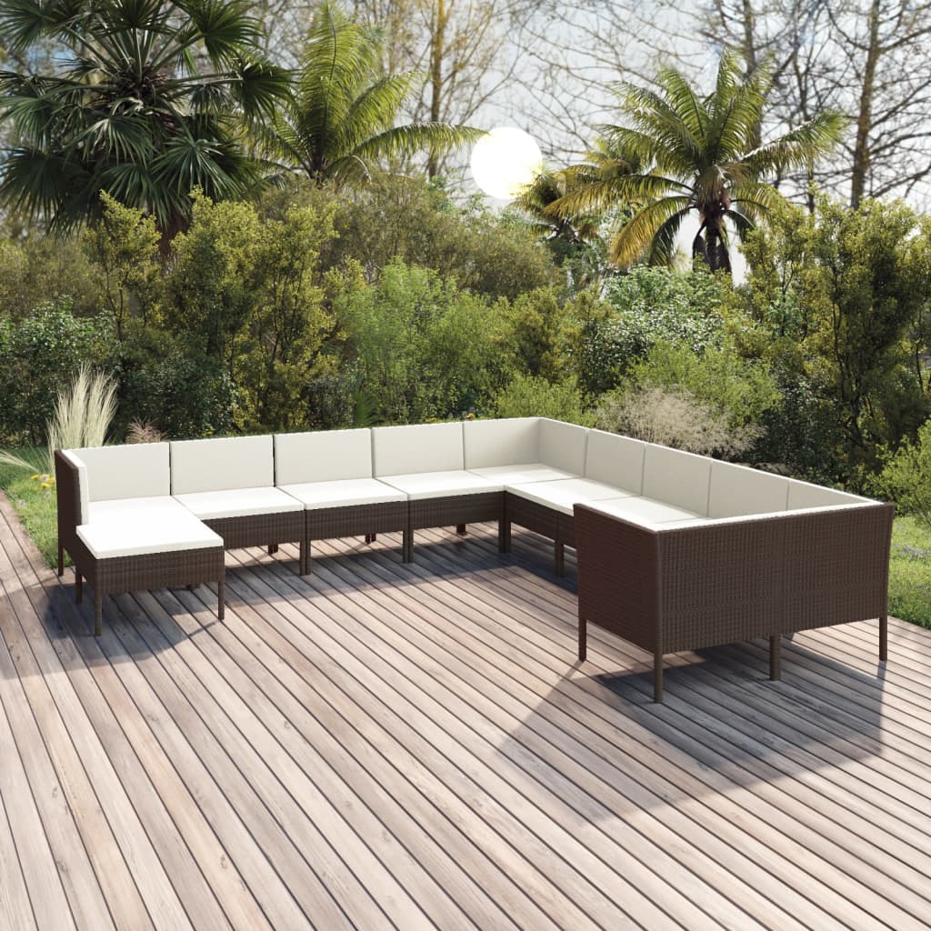 vidaXL 11-pc. Garden Lounge Set with Cushions Poly Rattan Brown