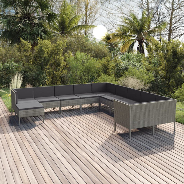 vidaXL 11-pc. Garden Lounge Set with Cushions Poly Rattan Grey