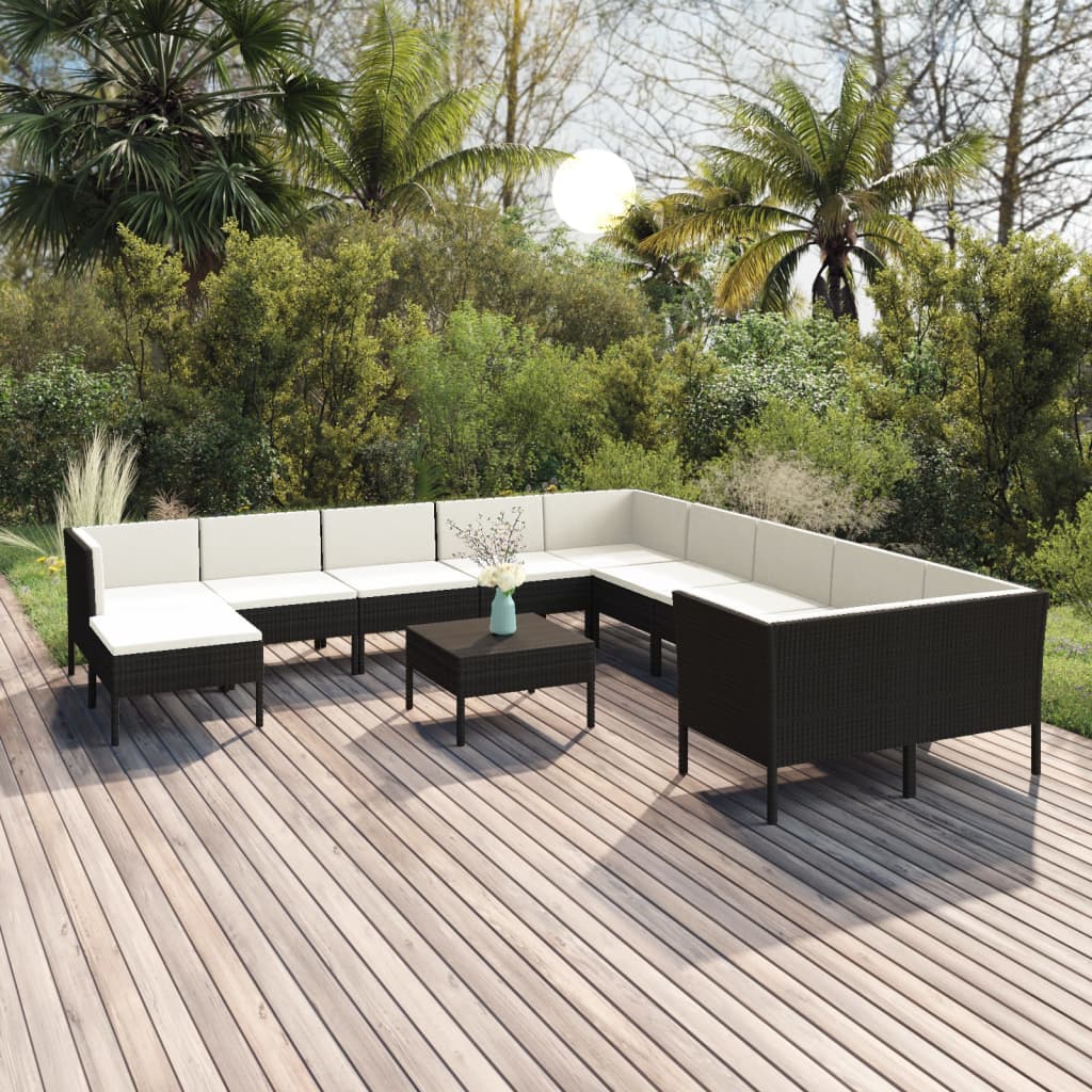 vidaXL 12-Piece Garden Lounge Set with Cushions Poly Rattan Black