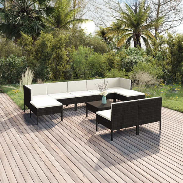 vidaXL 10-piece Garden Lounge Set with Cushions Poly Rattan Black