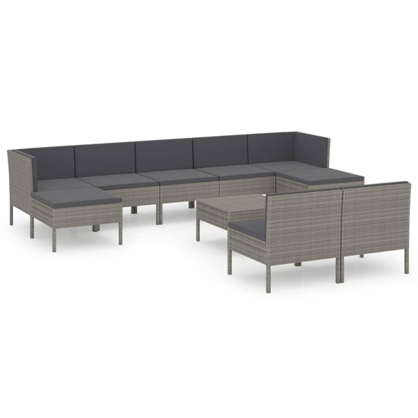 vidaXL 10-pc. Garden Lounge Set with Cushions Poly Rattan Grey