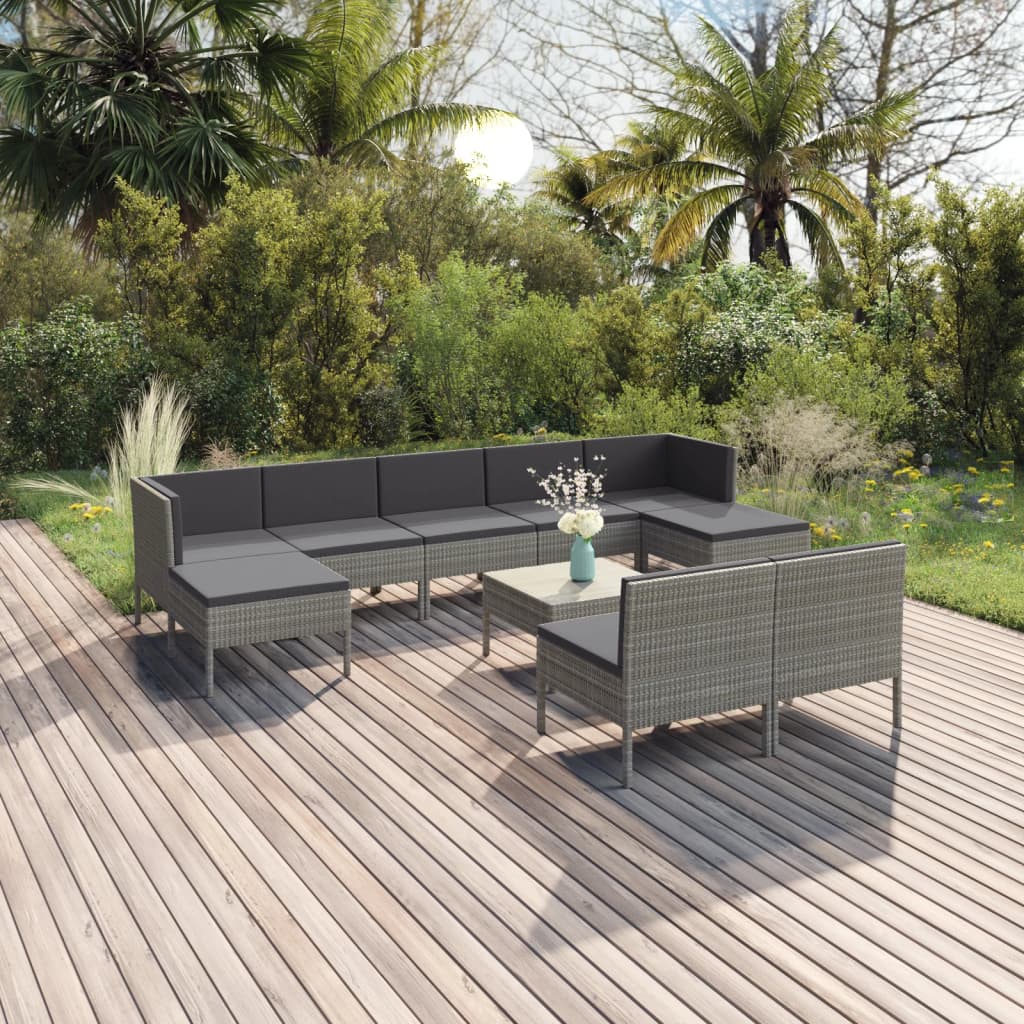 vidaXL 10-pc. Garden Lounge Set with Cushions Poly Rattan Grey