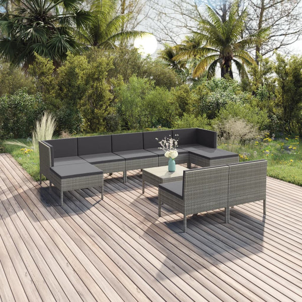 vidaXL 10-pc. Garden Lounge Set with Cushions Poly Rattan Grey