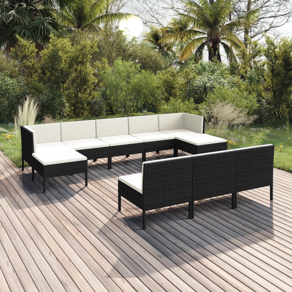 vidaXL 10-piece Garden Lounge Set with Cushions Poly Rattan Black