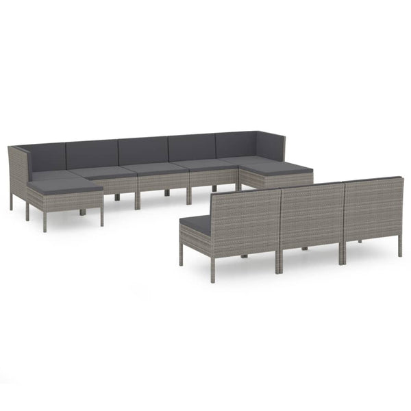 vidaXL 10-pc. Garden Lounge Set with Cushions Poly Rattan Grey