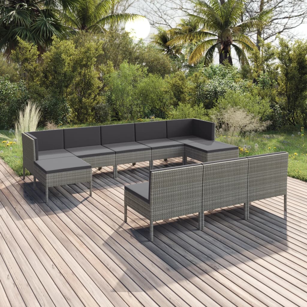 vidaXL 10-pc. Garden Lounge Set with Cushions Poly Rattan Grey