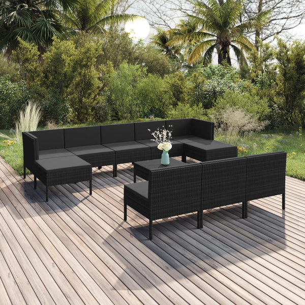 vidaXL 11-Piece Garden Lounge Set with Cushions Poly Rattan Black