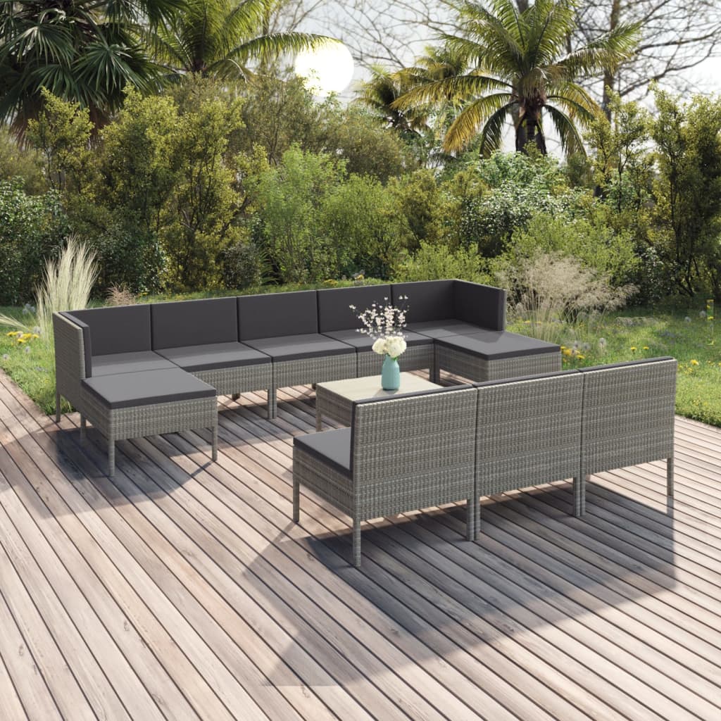 vidaXL 11-pc. Garden Lounge Set with Cushions Poly Rattan Grey